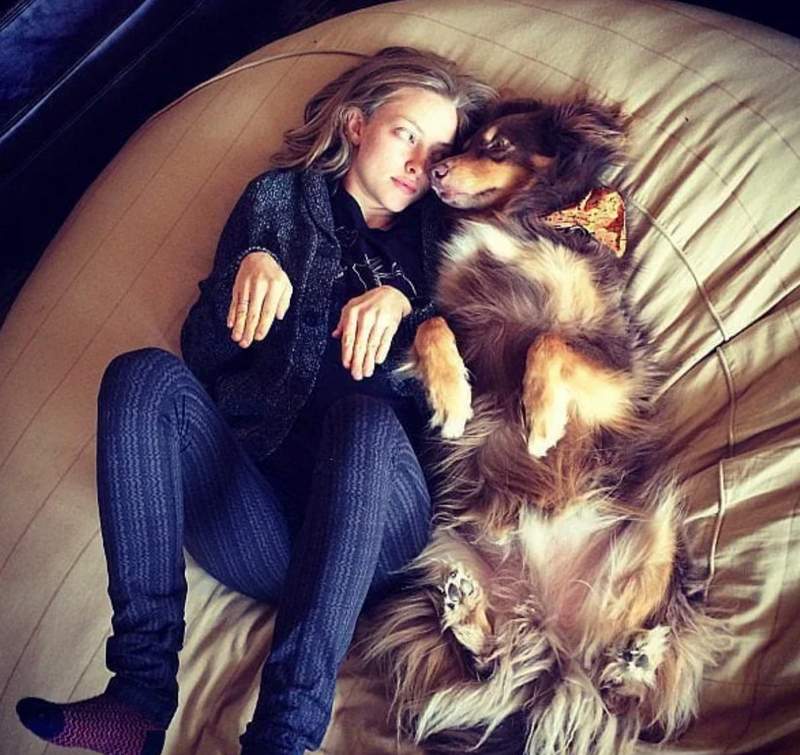Amanda Seyfried posing with her dog Finn