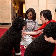 Lady Michelle Obama and First Lady Akie Abe with Bo