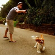 Seth Rogen playing fetch with his dog Zelda