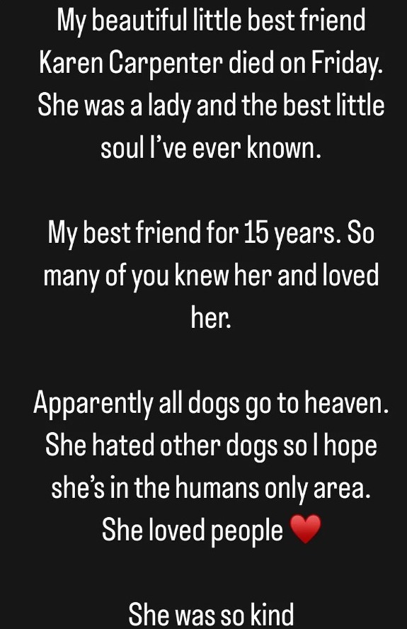 Christina Ricci Instagram Story of her dog Karen Carpenter's death