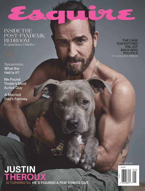 Esquire Magazine cover featuring Justin Theroux and his rescue pitbull Kuma