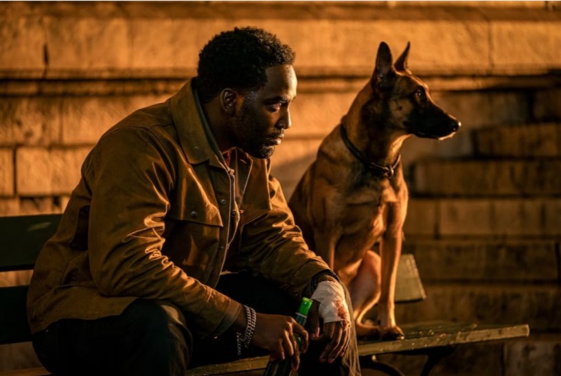 Shamier Anderson as The Tracker aka Mr Nobody with his Belgian Malinois dog in John Wick Chapter 4
