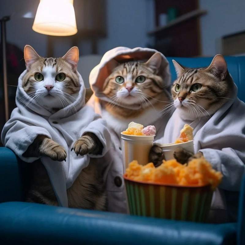 AI cats chilling on a couch watching TV