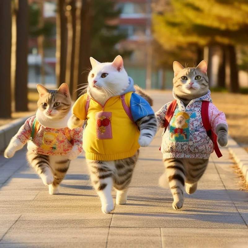 AI cats walking to school