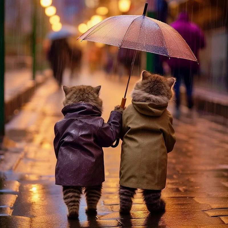 AI cats walking with an umbrella in the rain