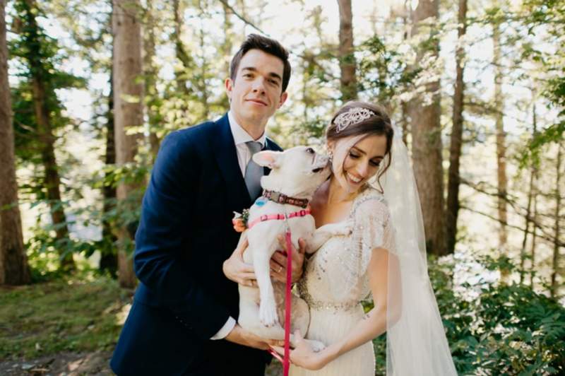 John Mulaney Anna Marie Tendler wedding photos with Petunia French Bulldog