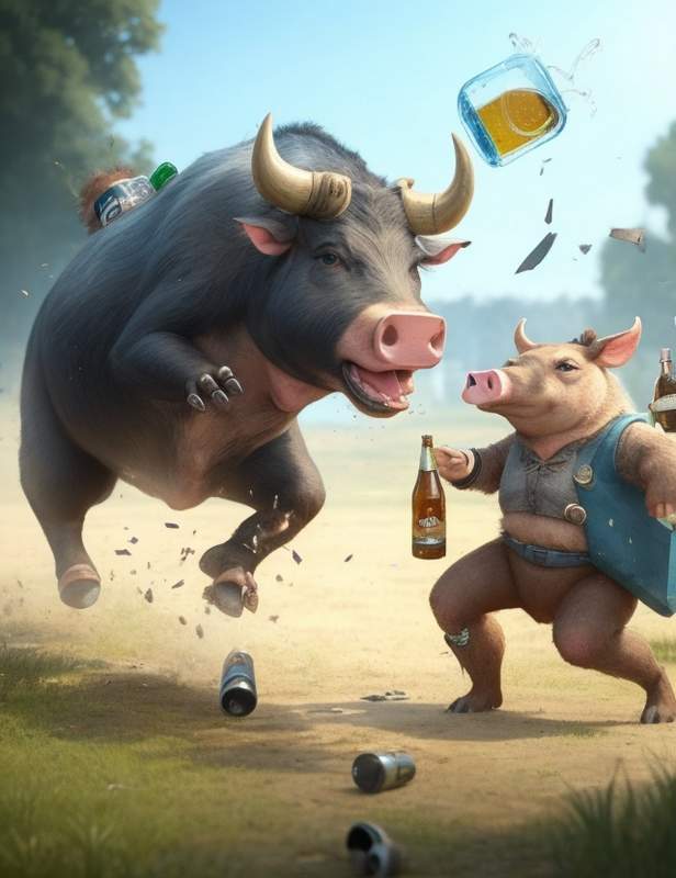 AI interpretation of the drunk Australian pig and cow fight