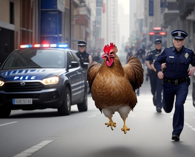 Chicken arrested for crossing the road AI image