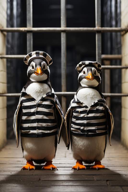 AI image of penguin criminals in jail