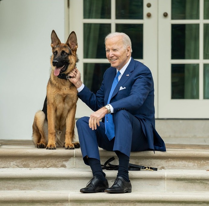 Joe Biden sitting with his German Shepherd Commander