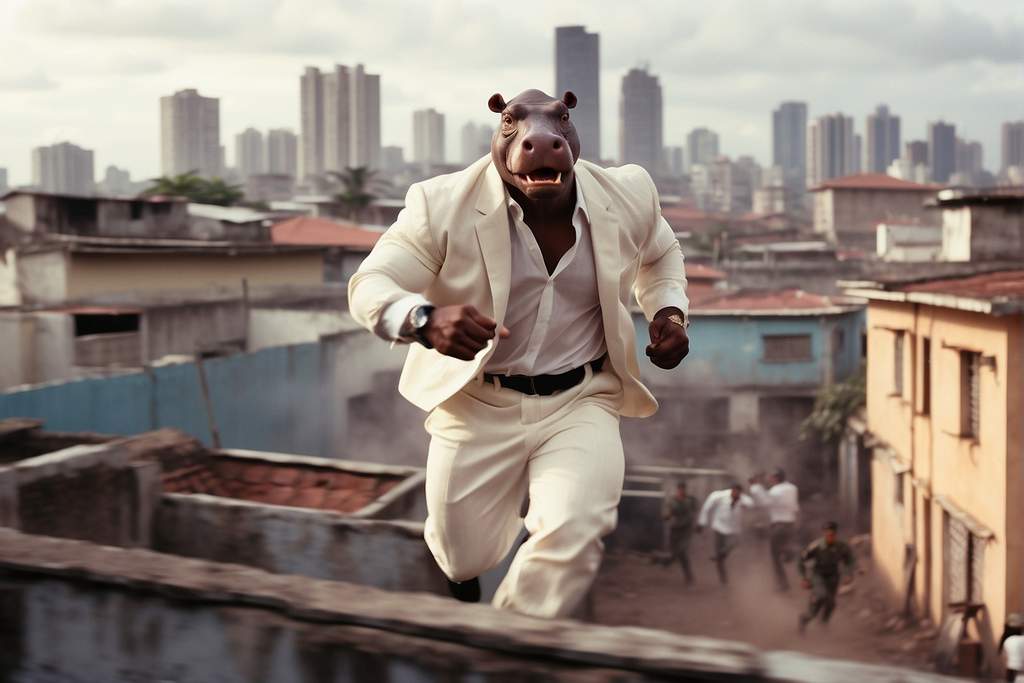 Pablo Escobar hippo getting chased by police on a rooftop