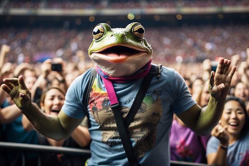 AI generated frog front row at a Coldplay concert
