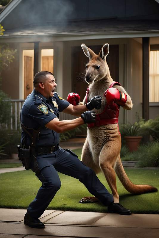 AI image of kangaroo punching a police officer