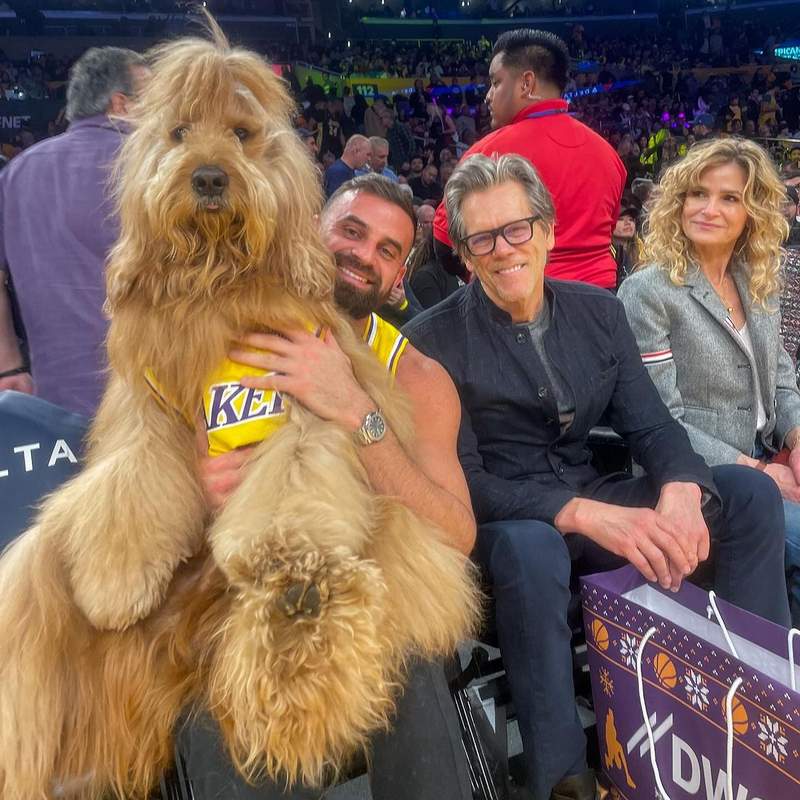 Brodie the Goldendoodle sitting next to Kevin Bacon at a L.A. Lakers game