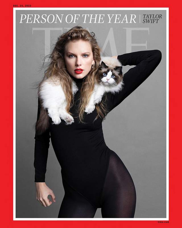 Taylor Swift and cat Benjamin Button on the cover of Time Magazine