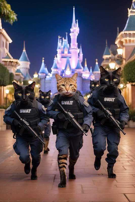 feral cat army patrolling Disneyland for rodents