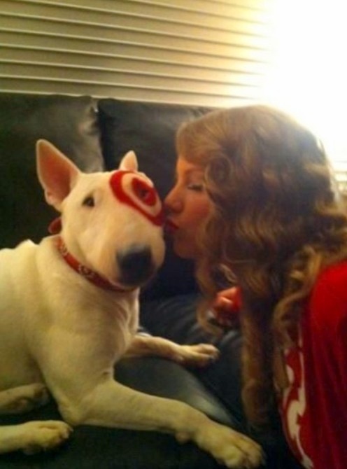 Taylor Swift with Bullseye, the dog mascot for Target