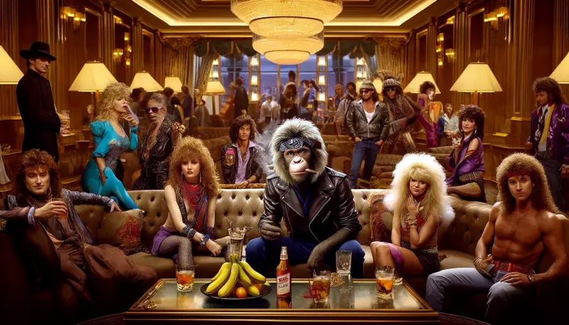 AI image of Bubbles the Chimp partying with Bon Jovi