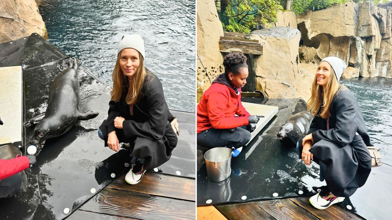 Jessica Biel Finally Meets the rescued seal named Jessica Seal at the Vancouver Aquarium