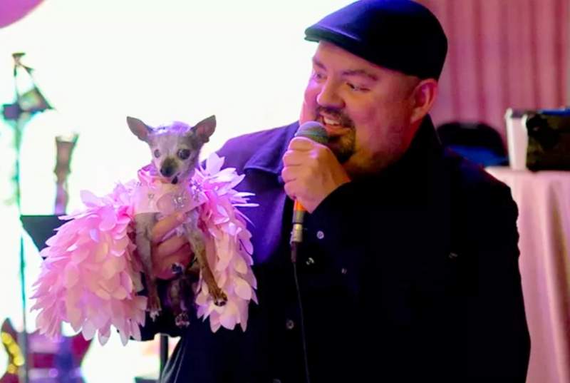 Gabriel Iglesias holding his senior chihuahua Risa