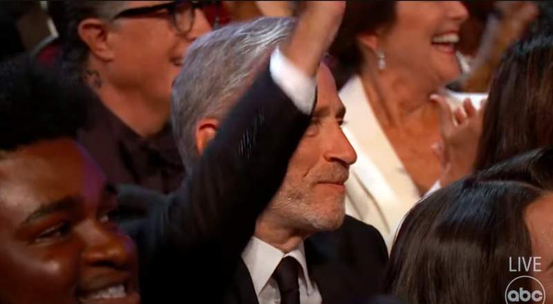 Jon Stewart reacting to John Oliver's Emmy Speech thanking his dead dog