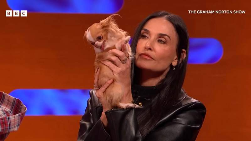 Demi Moore holding up her dog Pilaf on the Graham Norton Show