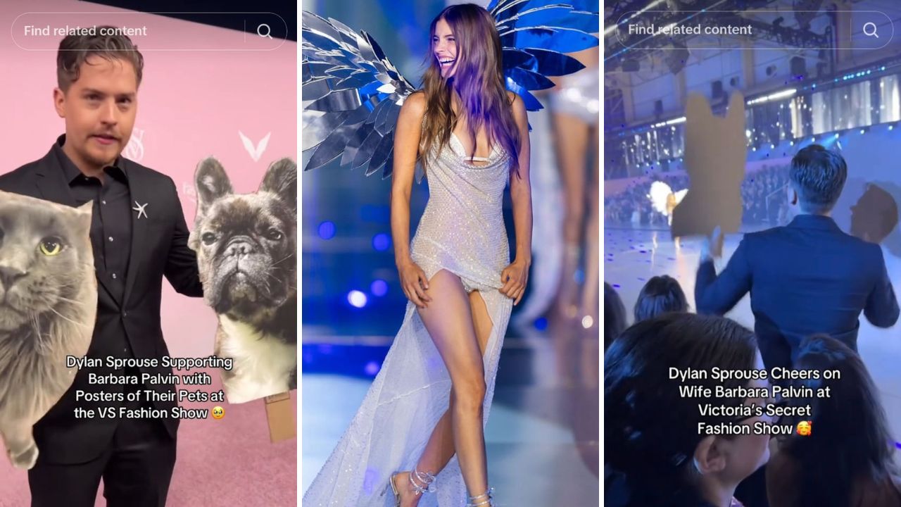 Dylan Sprouse cheering his Victoria Secret wife Barbara Palvin with posters of their pets