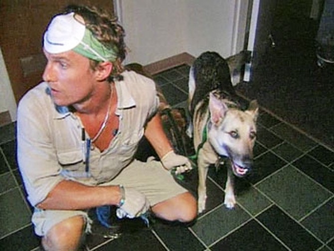 Matthew McConaughey with a rescued dog from Hurricane Katrina