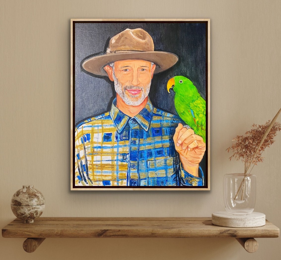 May Charters painting of actor Jon Gries and his parrot Pablo